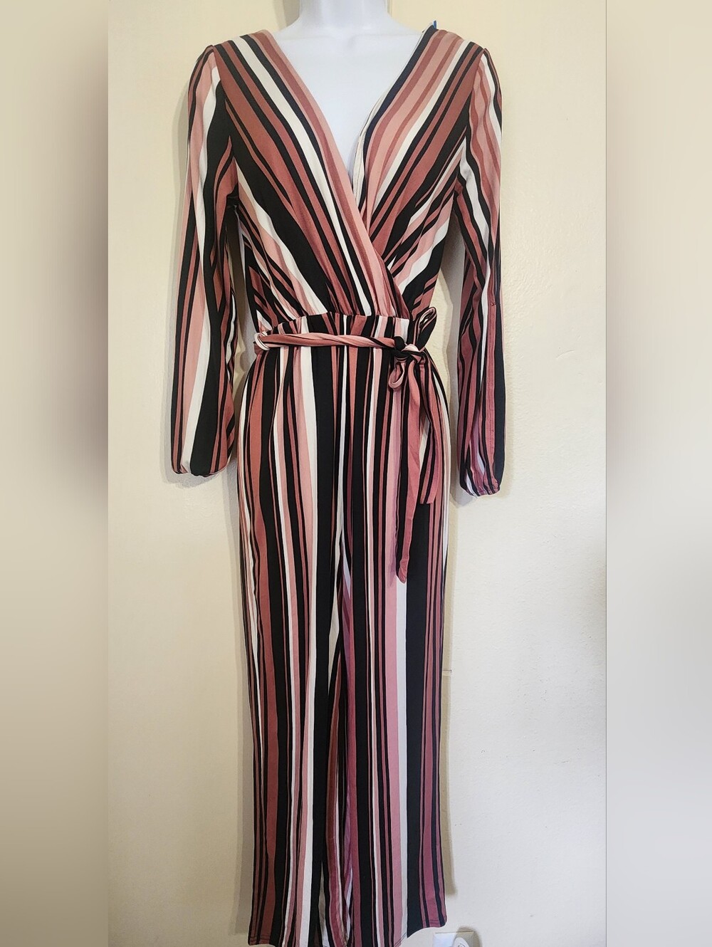 No Boundaries Striped Wrap Jumpsuit in Pink, Black & White